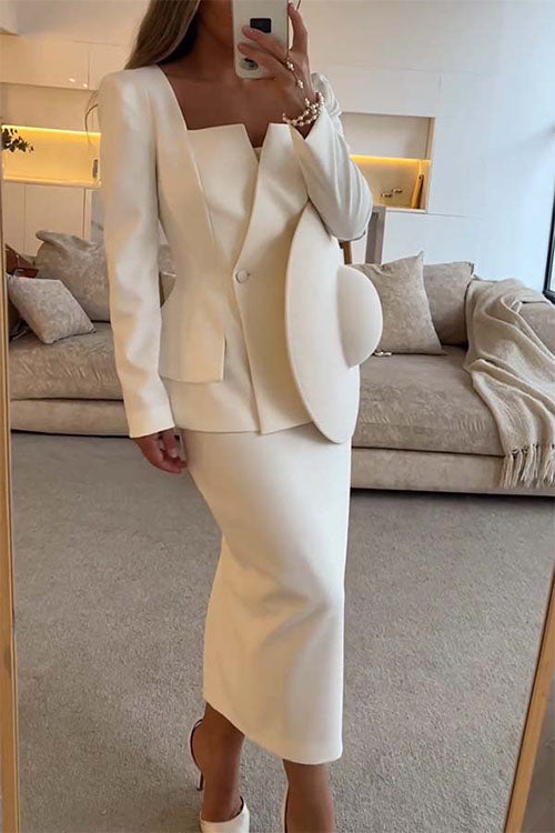White Notched Blazer And Midi Skirt Two Piece Formal Suit Set