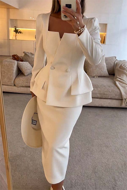 White Notched Blazer And Midi Skirt Two Piece Formal Suit Set