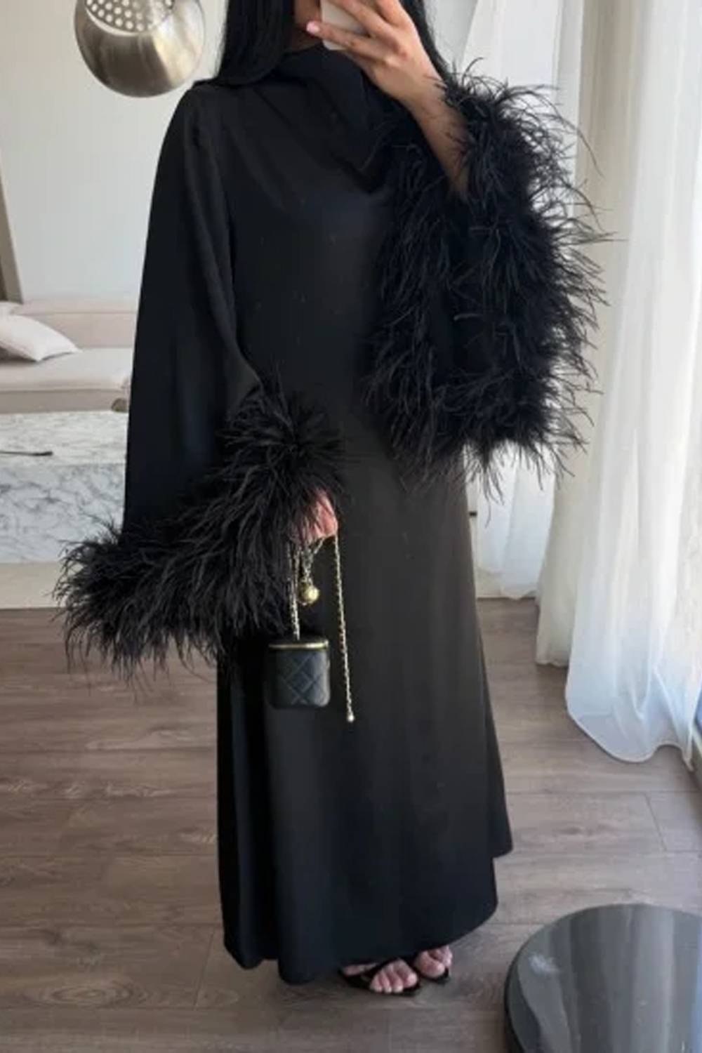 Loose Feather Cuff Long Dress Gown