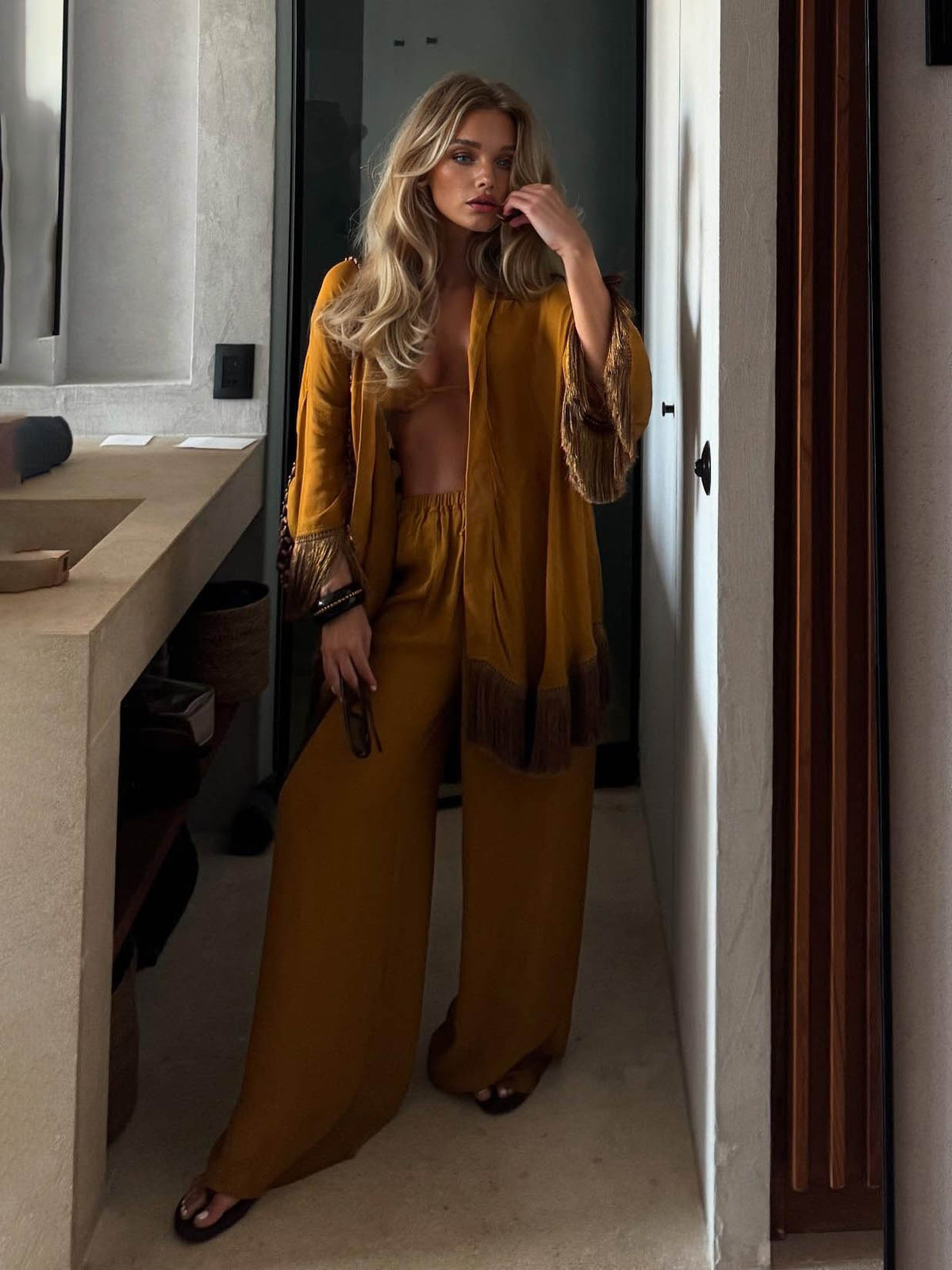 Elegant Palm Print Tassel Long-Sleeved Shirt