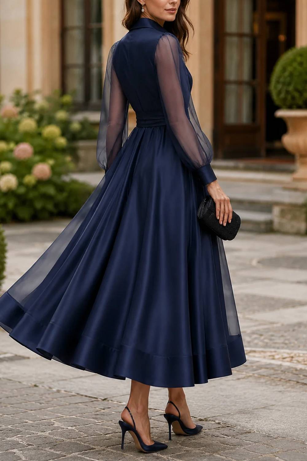 Vintage See-Through Sleeve Belted Lapel Shirt Dress