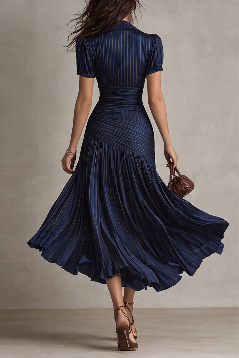 Collared Short Sleeve Striped Ruched Waist Pleated Midi Dress
