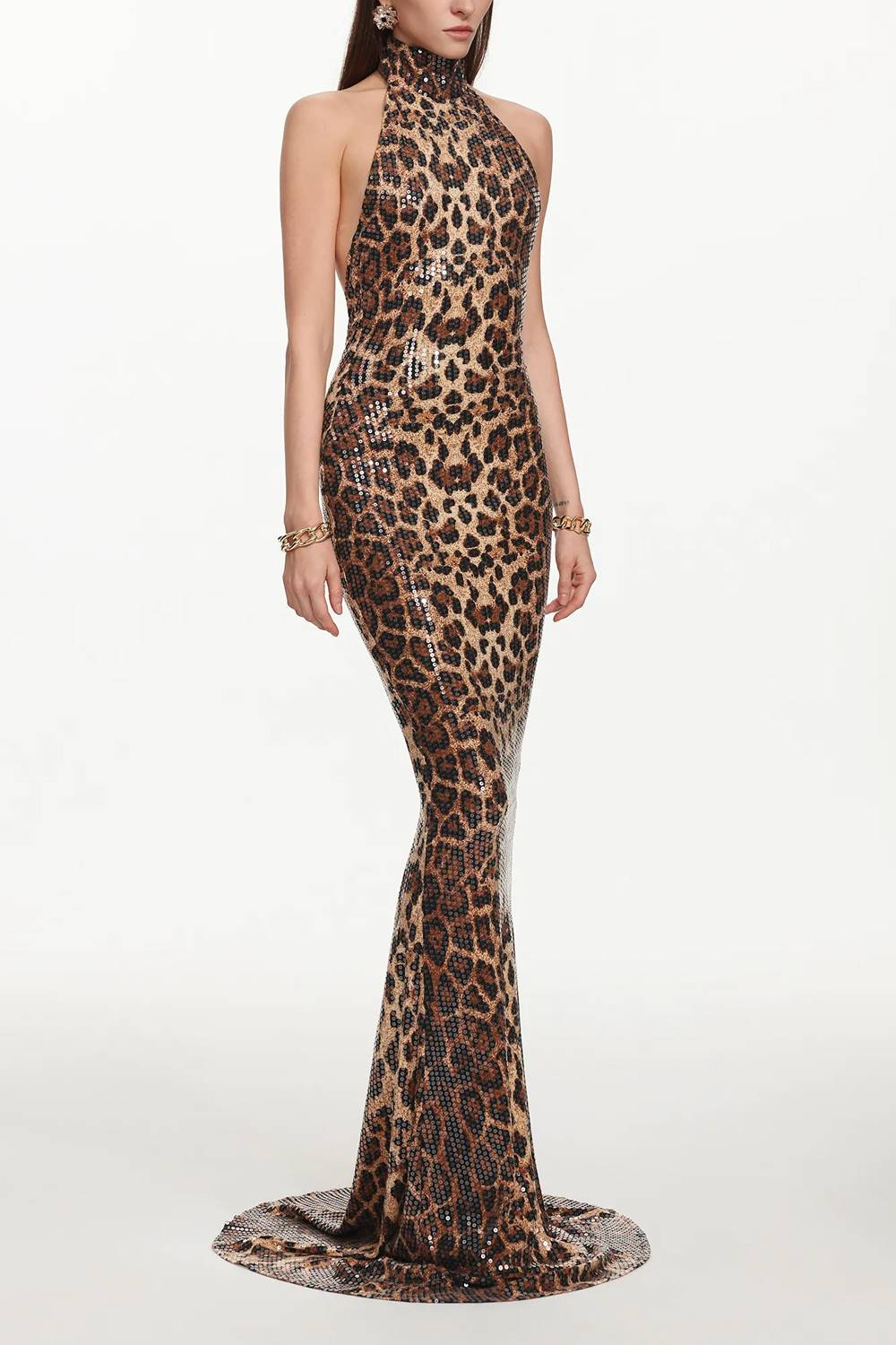 Leopard-Neck Sequin Fishtail Dress