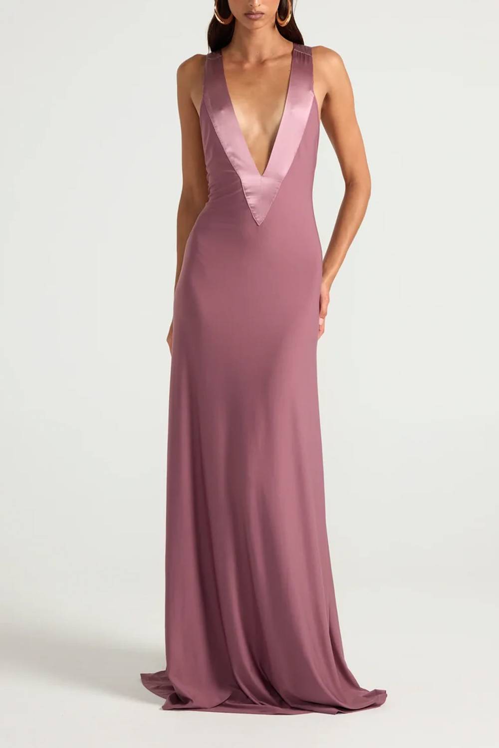 Satin Color-Blocked V-Neck Sleeveless Floor-Length Evening Dress