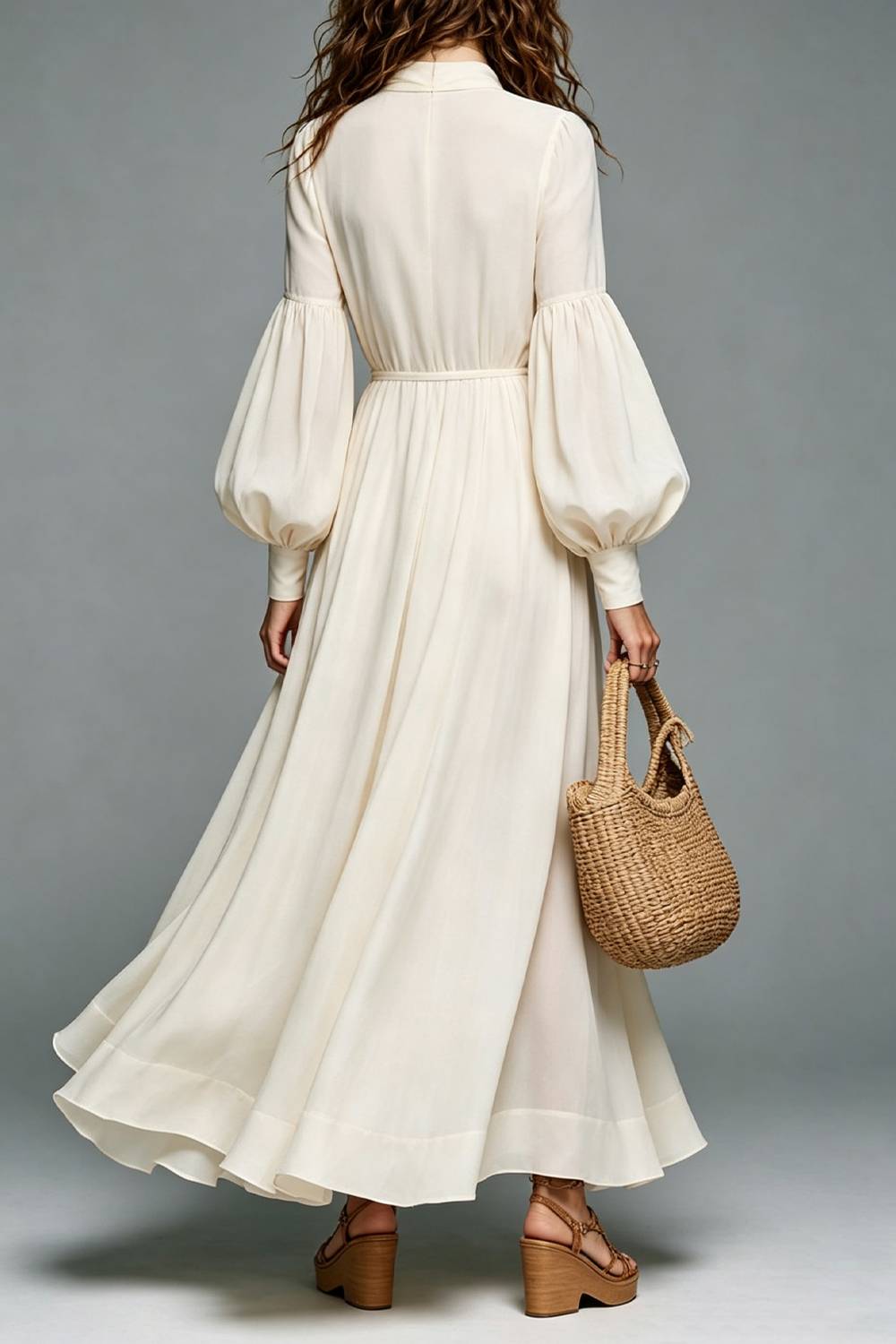 Bow Neck Balloon Long Sleeve Flowy Maxi Dress