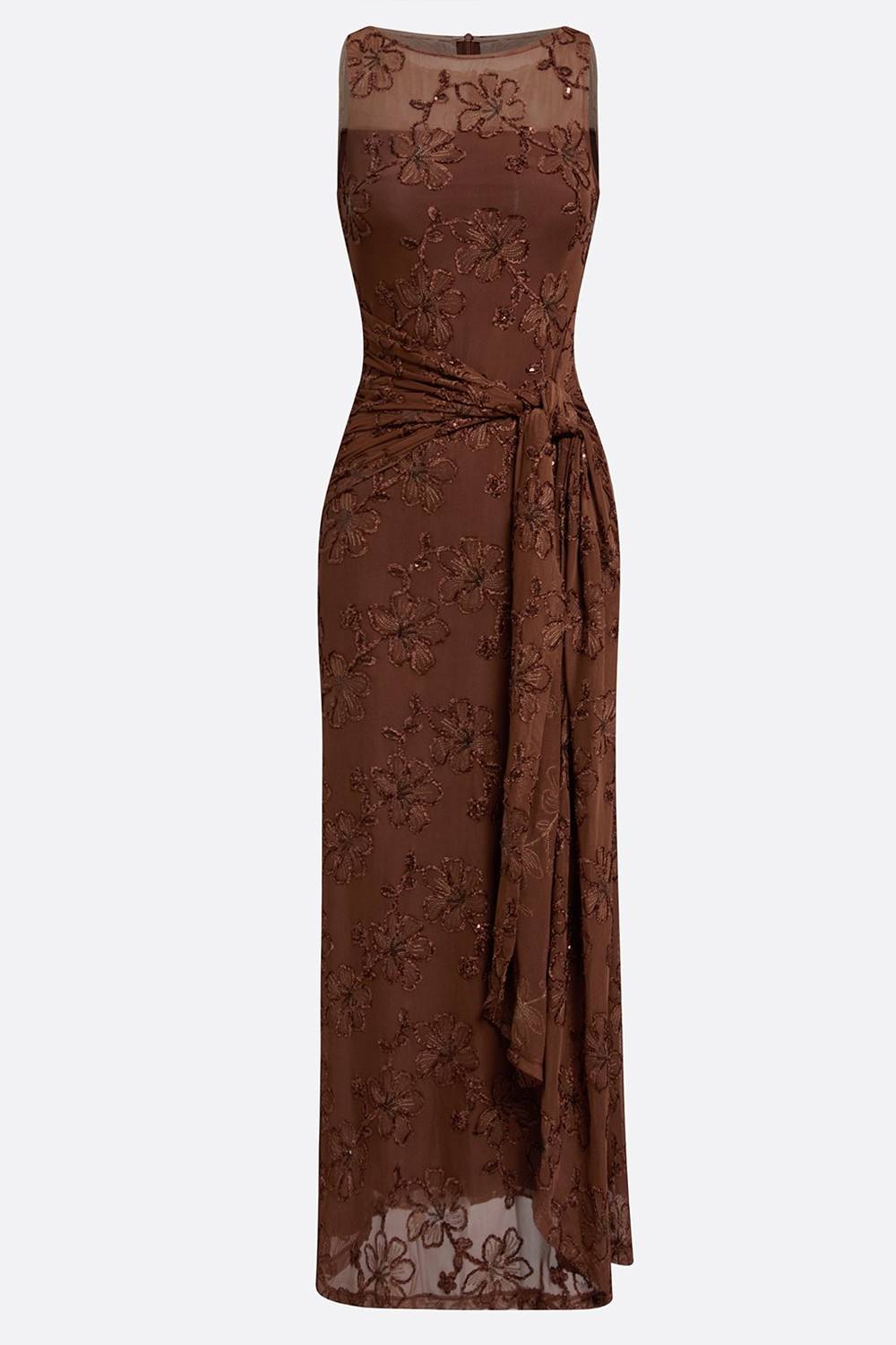 Langes ärmelloses Meerjungfrauenkleid mit Blumenapplikation und Twist-Detail