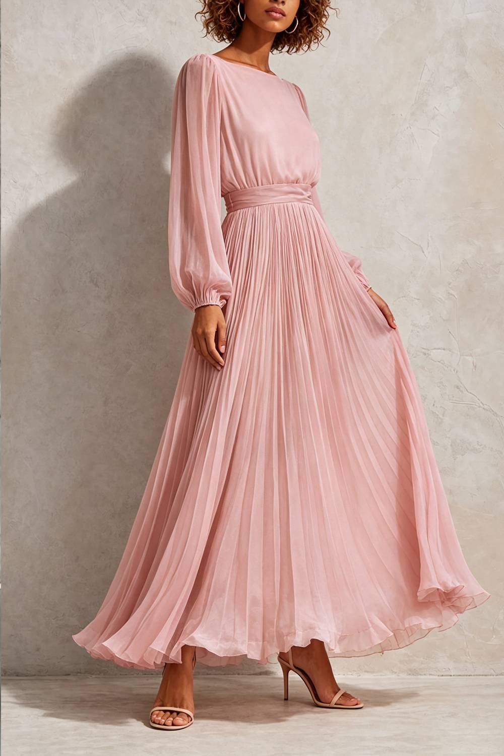 Long Sleeve Pleated Flowy Maxi Dress