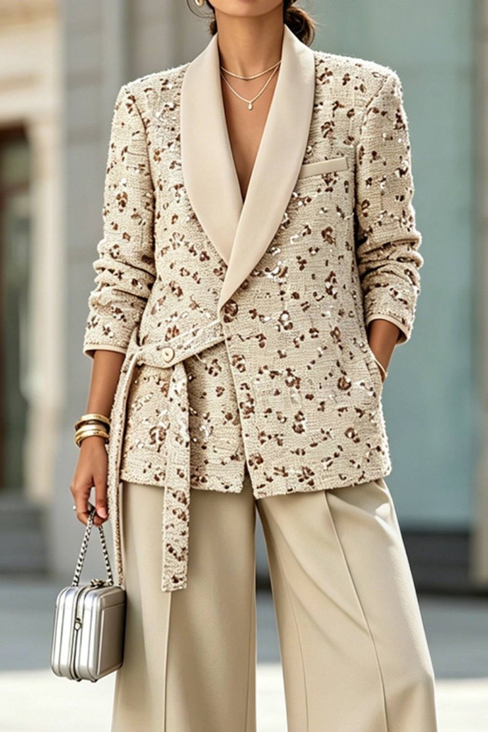 Minimalist commuter-style blazer with wide-leg pants set