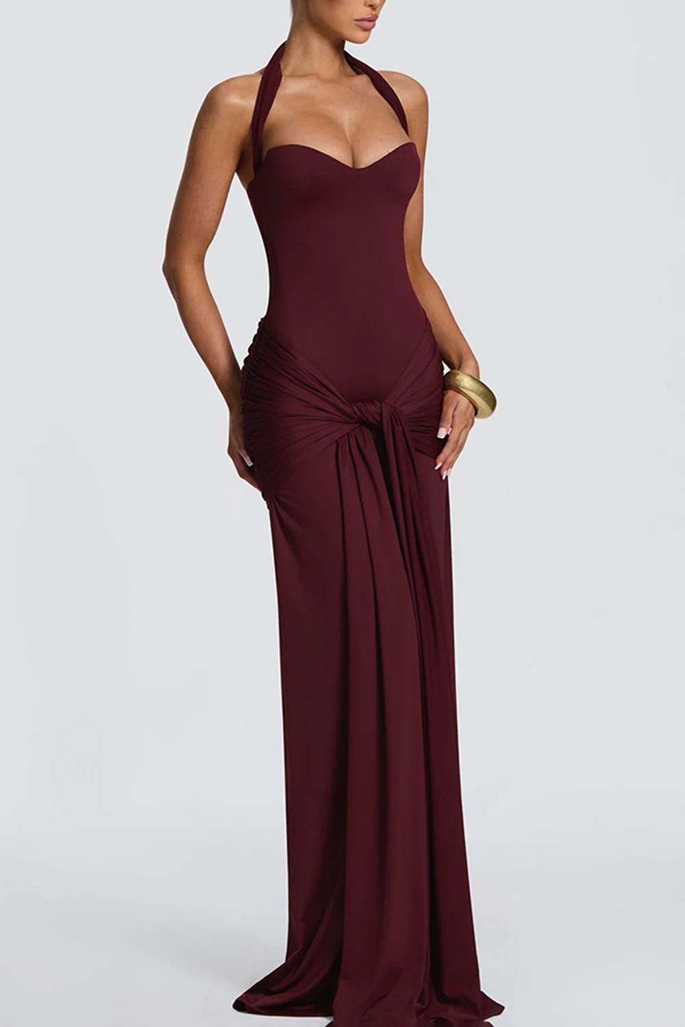 Sweetheart Halter Neck Twist Front Ruched Mermaid Maxi Dress