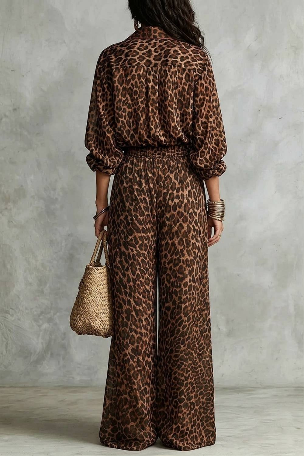 Leopard Print Contrast Collar Shirt & Wide‑Leg Pants Two‑Piece Set