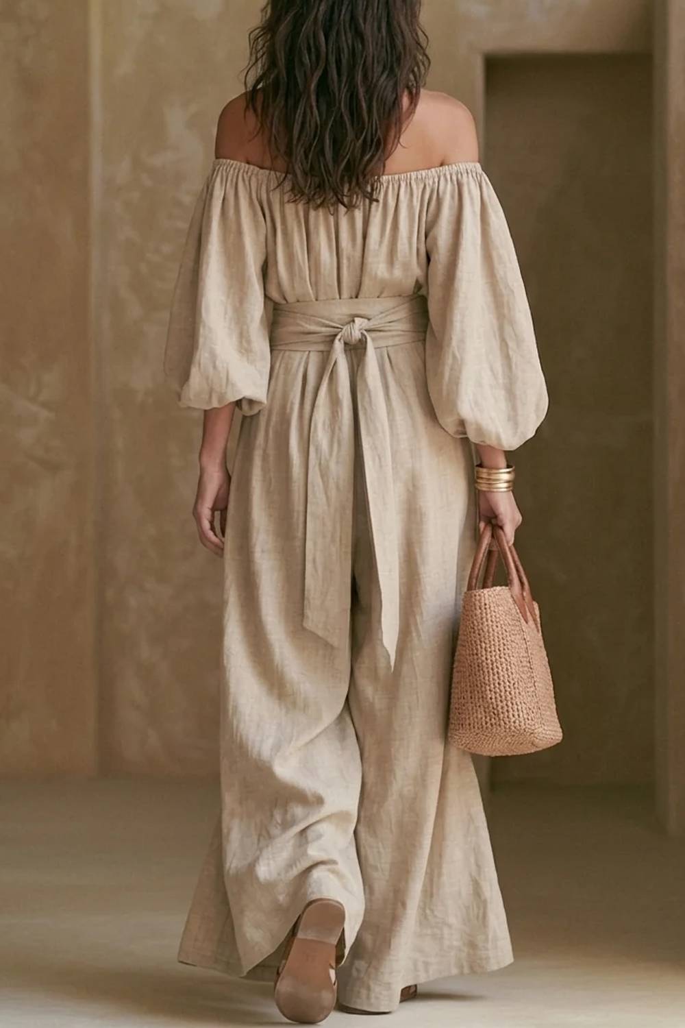 Off-shoulder Puff-sleeve Lace-up Wide-leg Jumpsuit