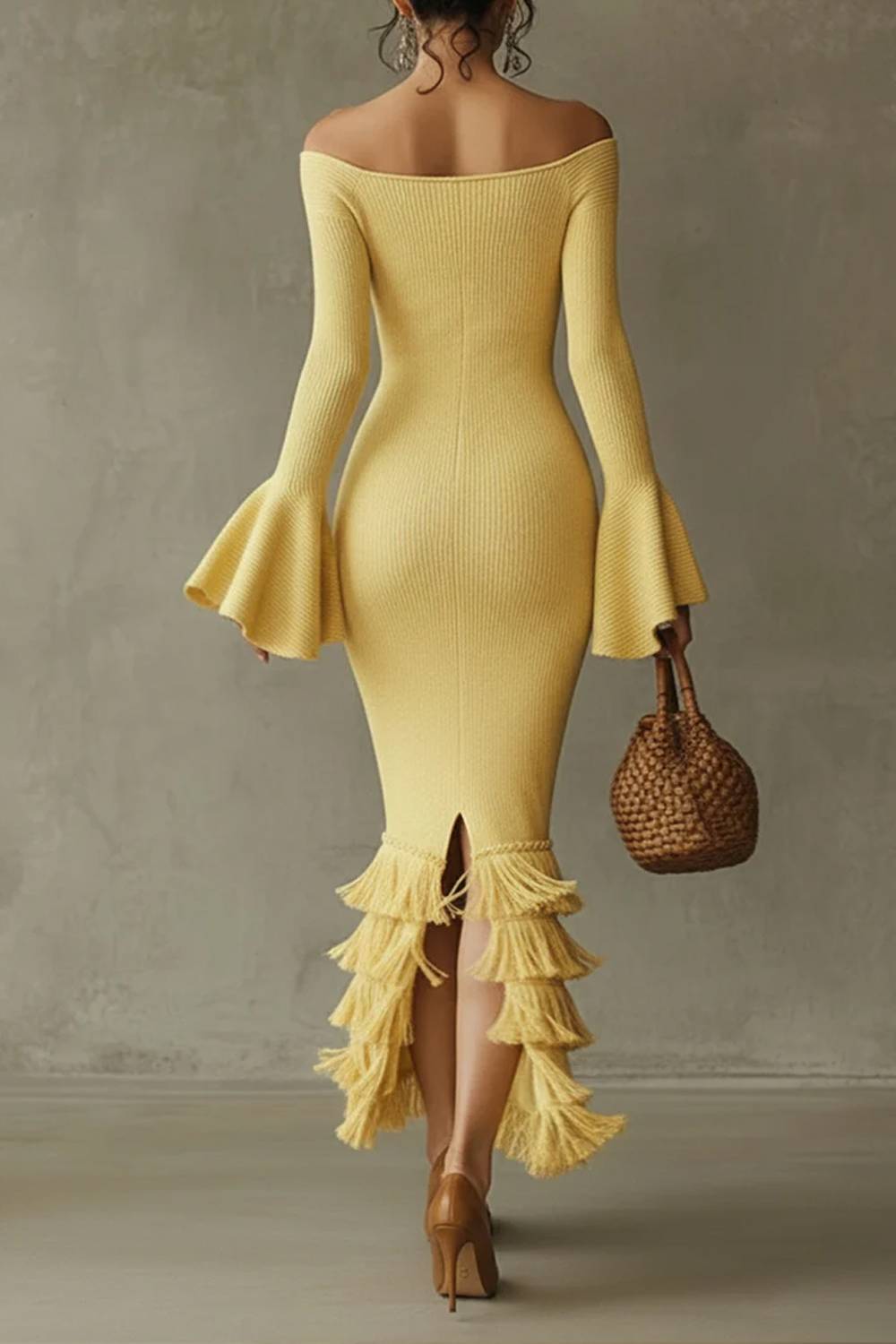 Off-shoulder Bell-sleeve Multi-layer Fringed Knit Dress