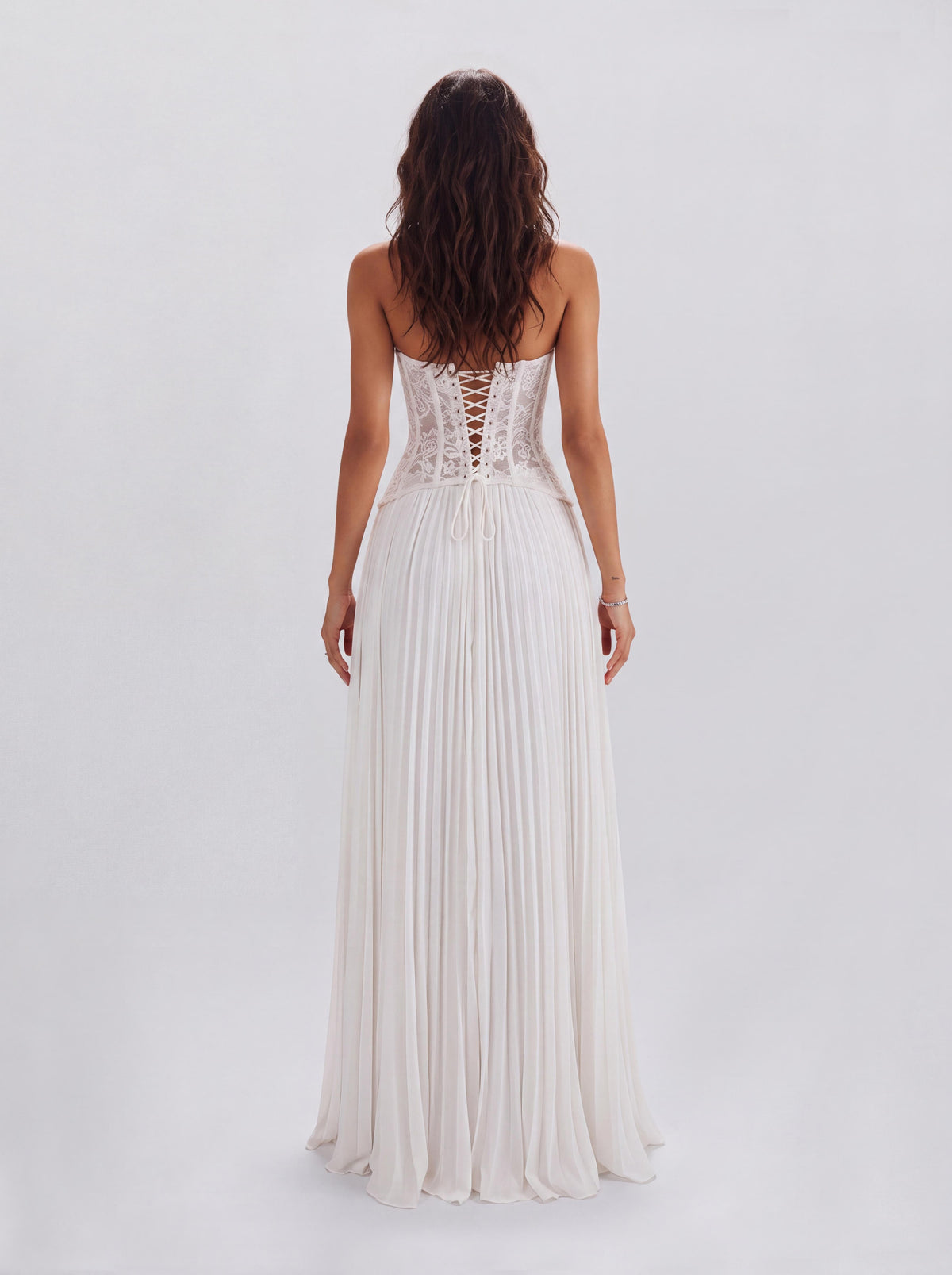 Lace Boom Neck Pleated Long Banquet Dress