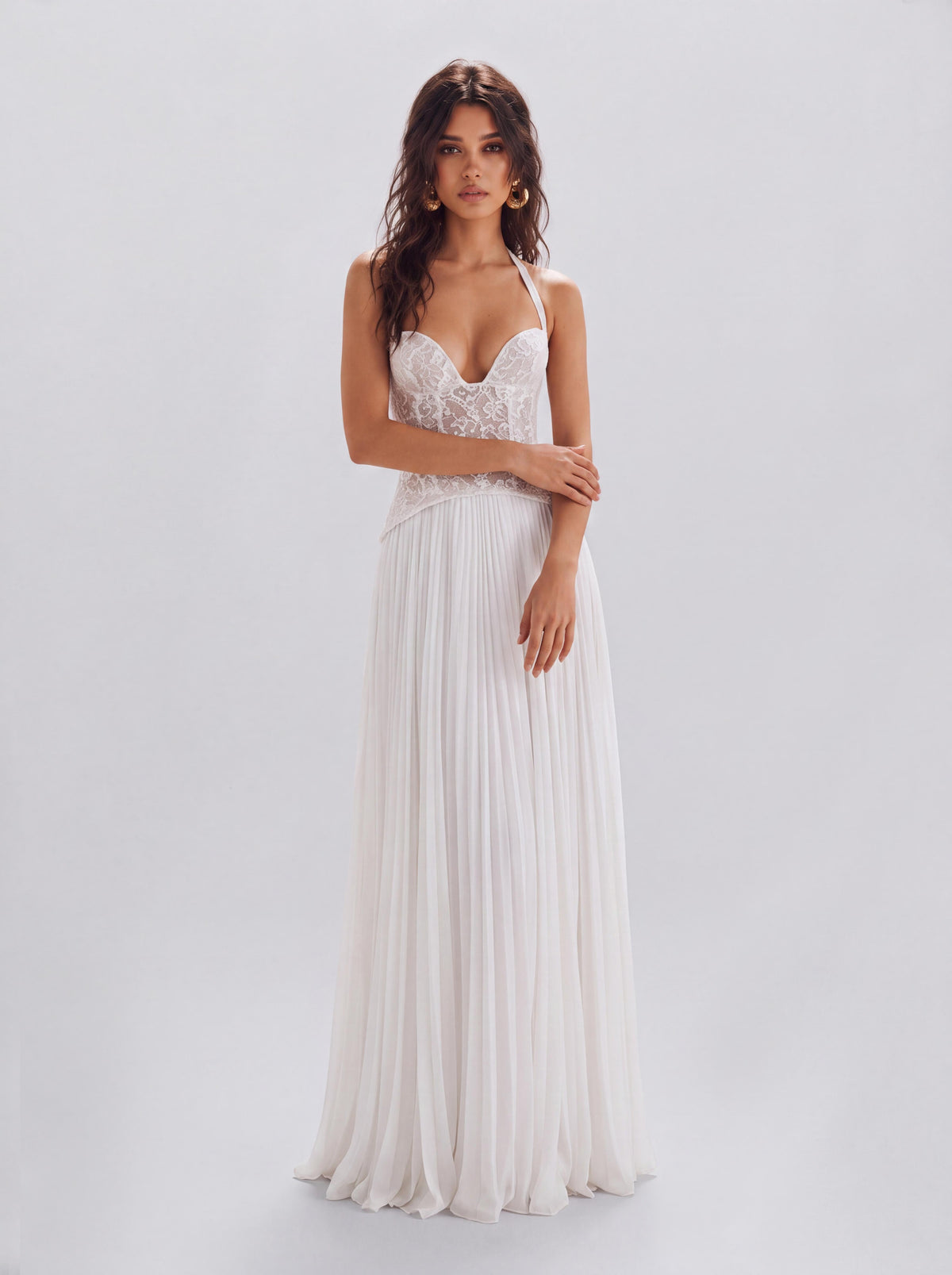 Lace Boom Neck Pleated Long Banquet Dress