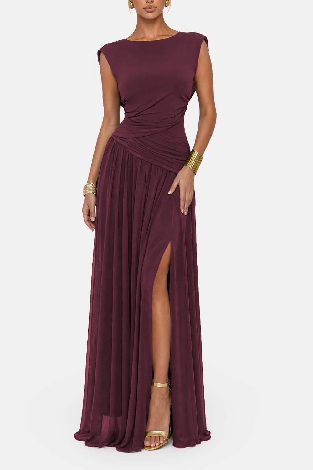 Convertible Neck Sleeveless Ruched Slit Maxi Evening Dress