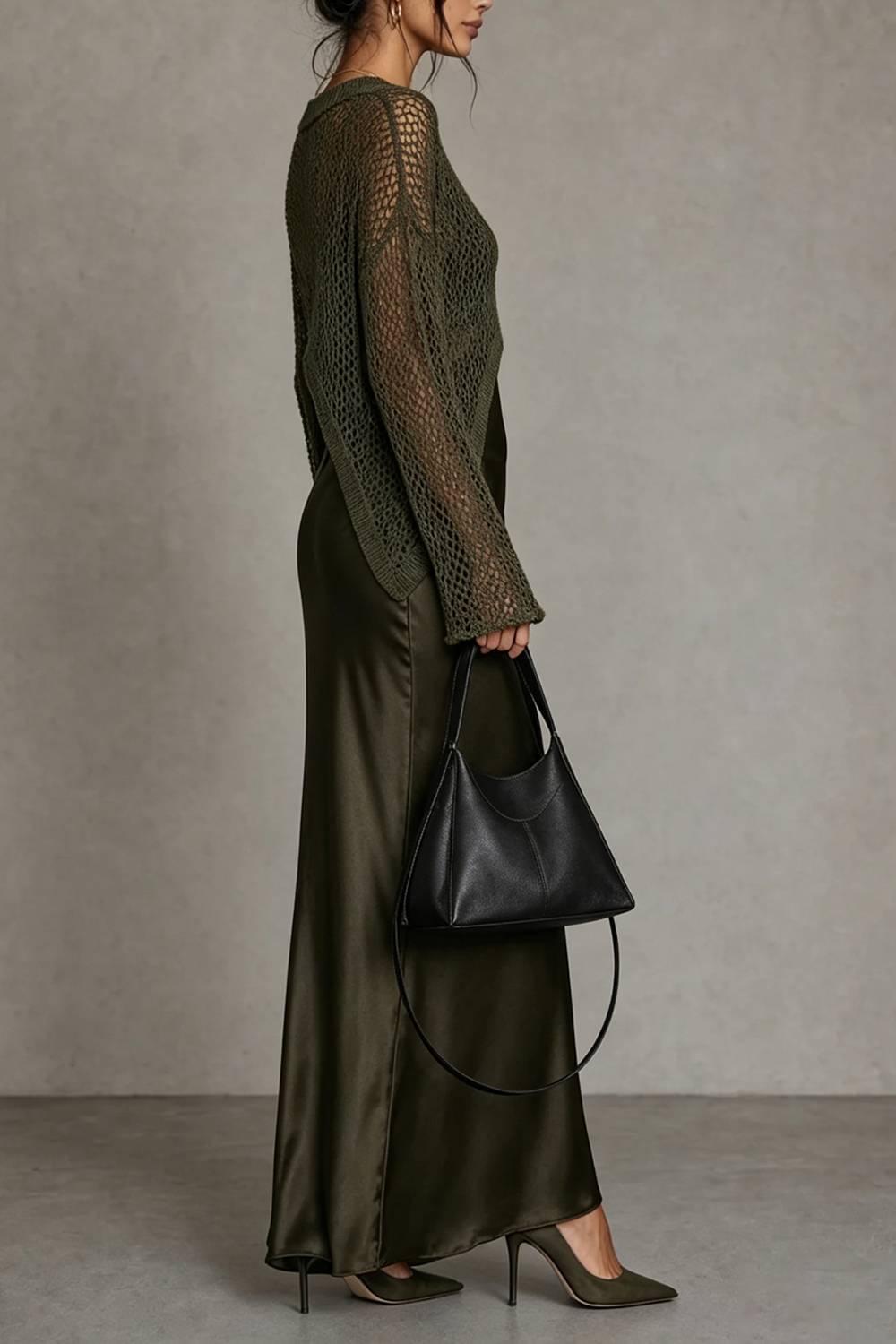 Two‑Piece Outfit Hollow Knit Cover Up & Satin Slip Maxi Dress Set