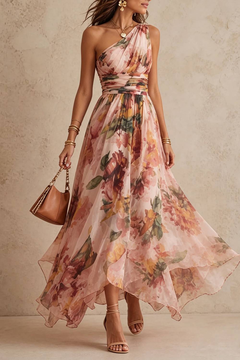 One-Shoulder Tight-Waist Irregular Print Long Dress