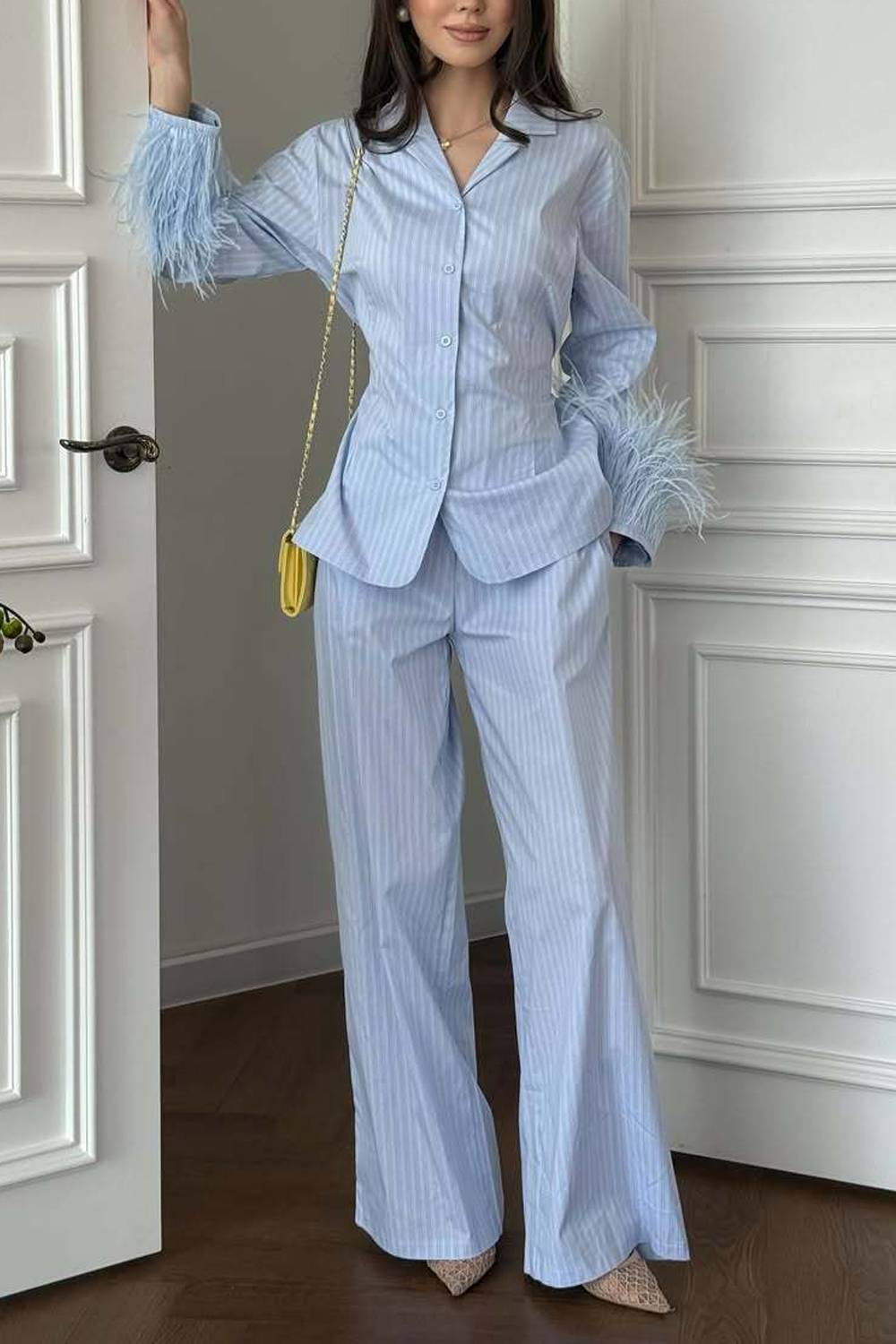 Striped Feather Cuff Blazer & Wide‑Leg Pants Two‑Piece Set