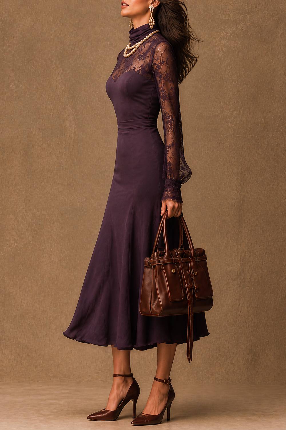 Lace Mock Neck Long Sleeve Flared Midi Evening Dress