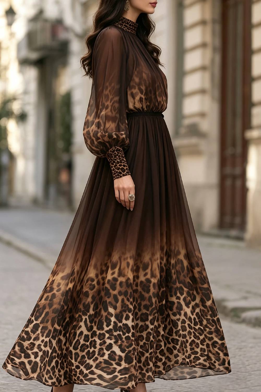Lantern-sleeve Leopard-print Flowing Maxi Dress