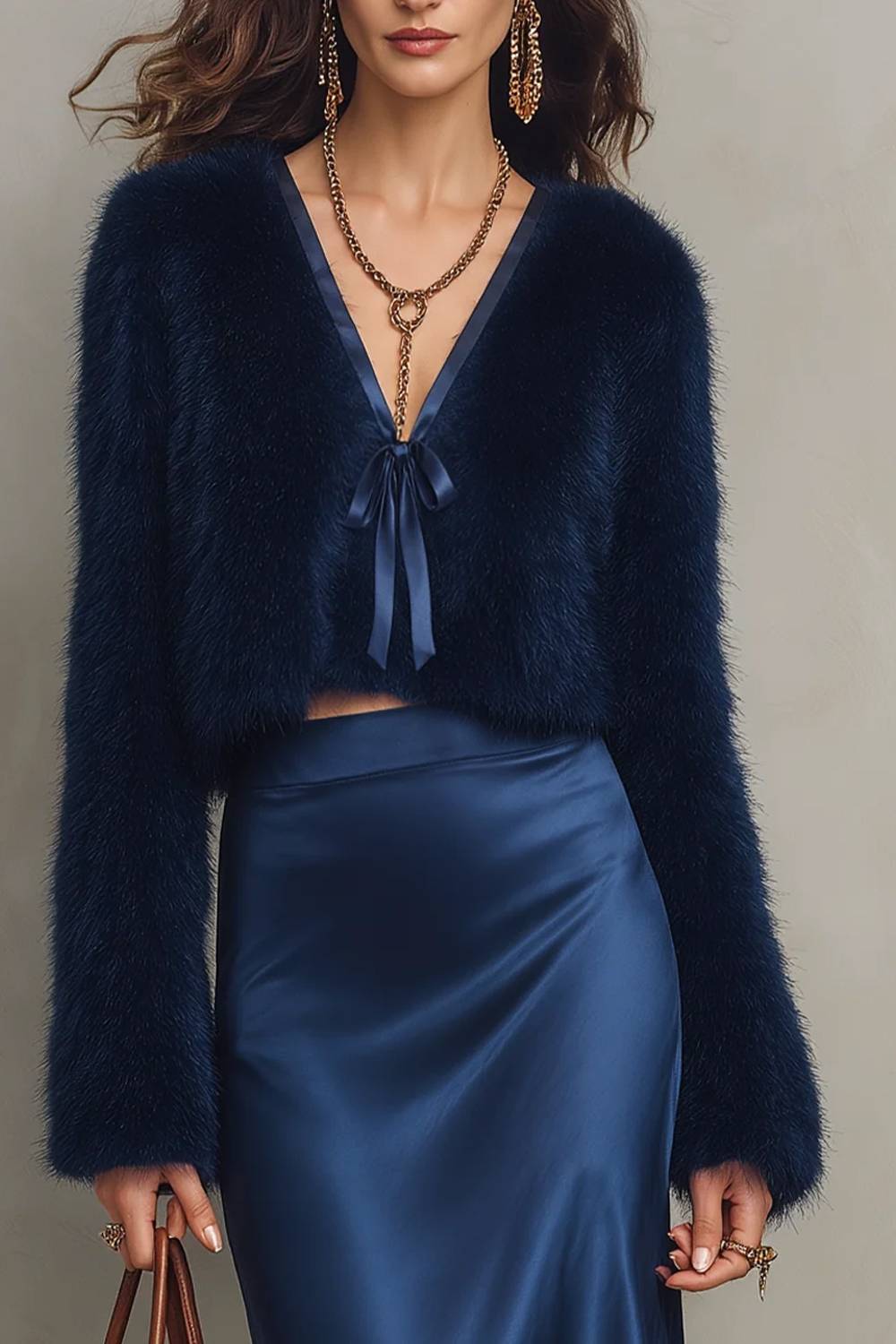 Navy Furry Cropped Top & Satin Midi Skirt Two Piece Set