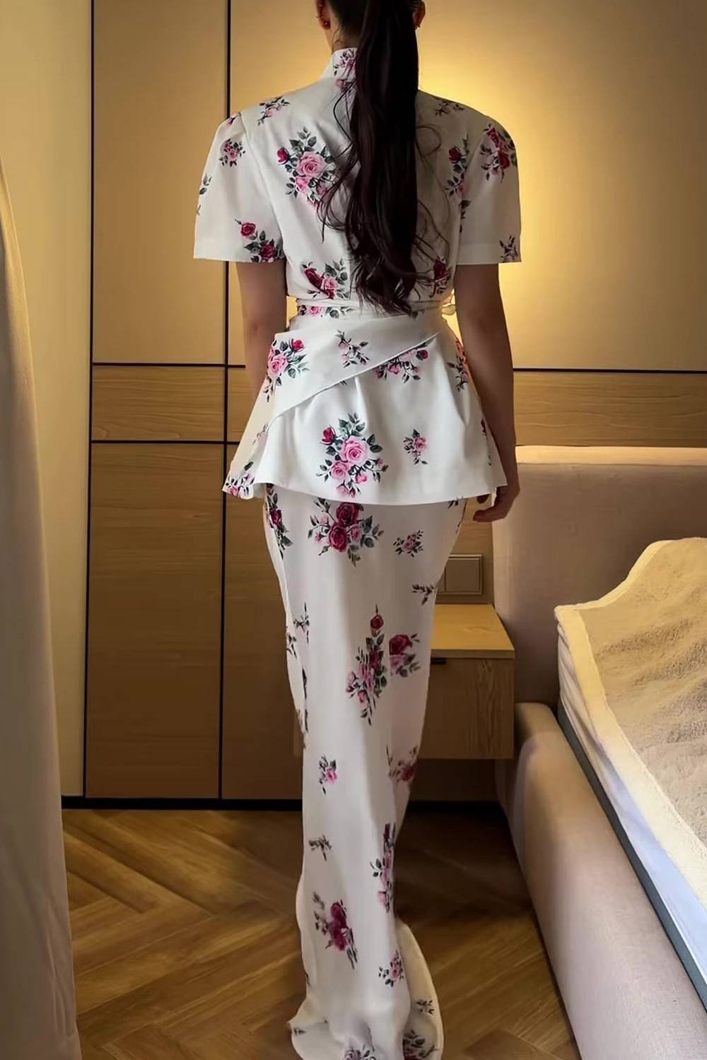 Stand‑Collar V‑Placket Puff‑Sleeve Floral Print Peplum Top & Mermaid Floor‑Length Maxi Skirt Two‑Piece Set