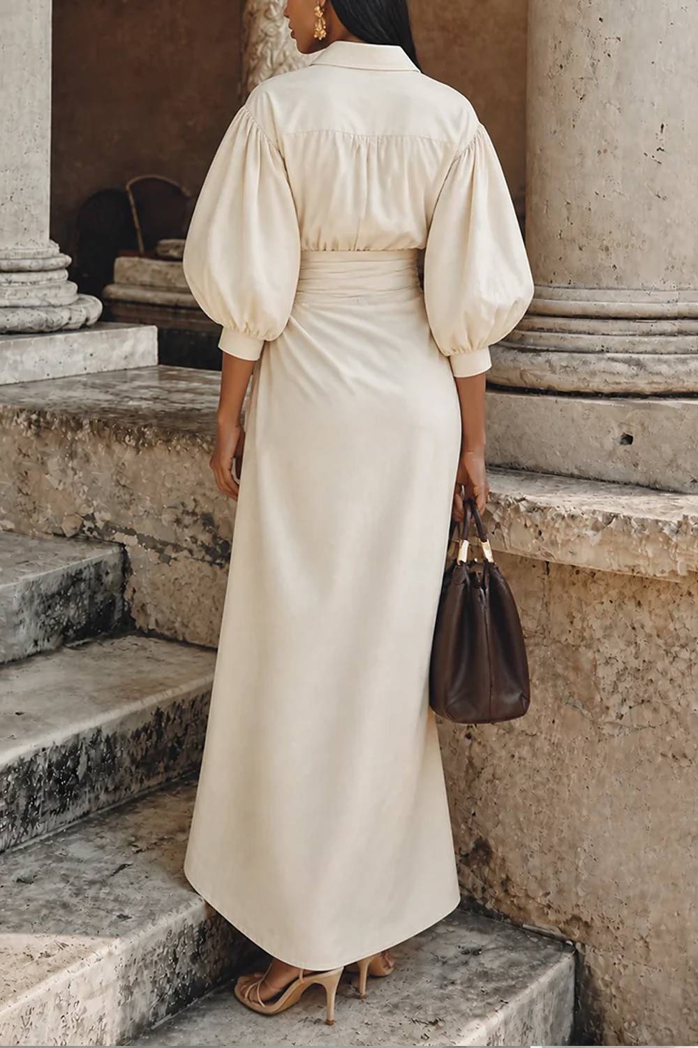 Collared Puff Sleeve Top & Ring‑Detail Wrap Maxi Skirt Two‑Piece Set
