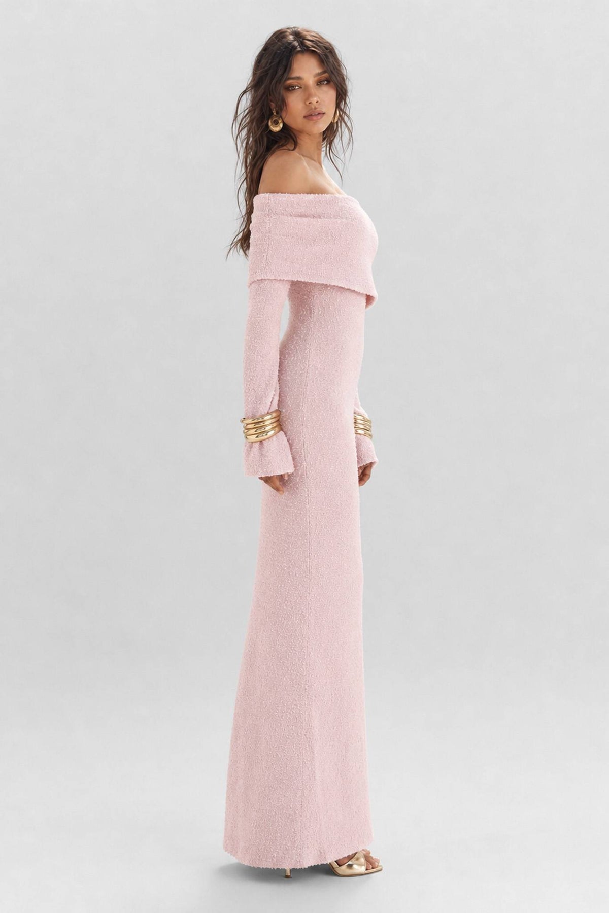 Texture Tweed Off-shoulder Long Dress