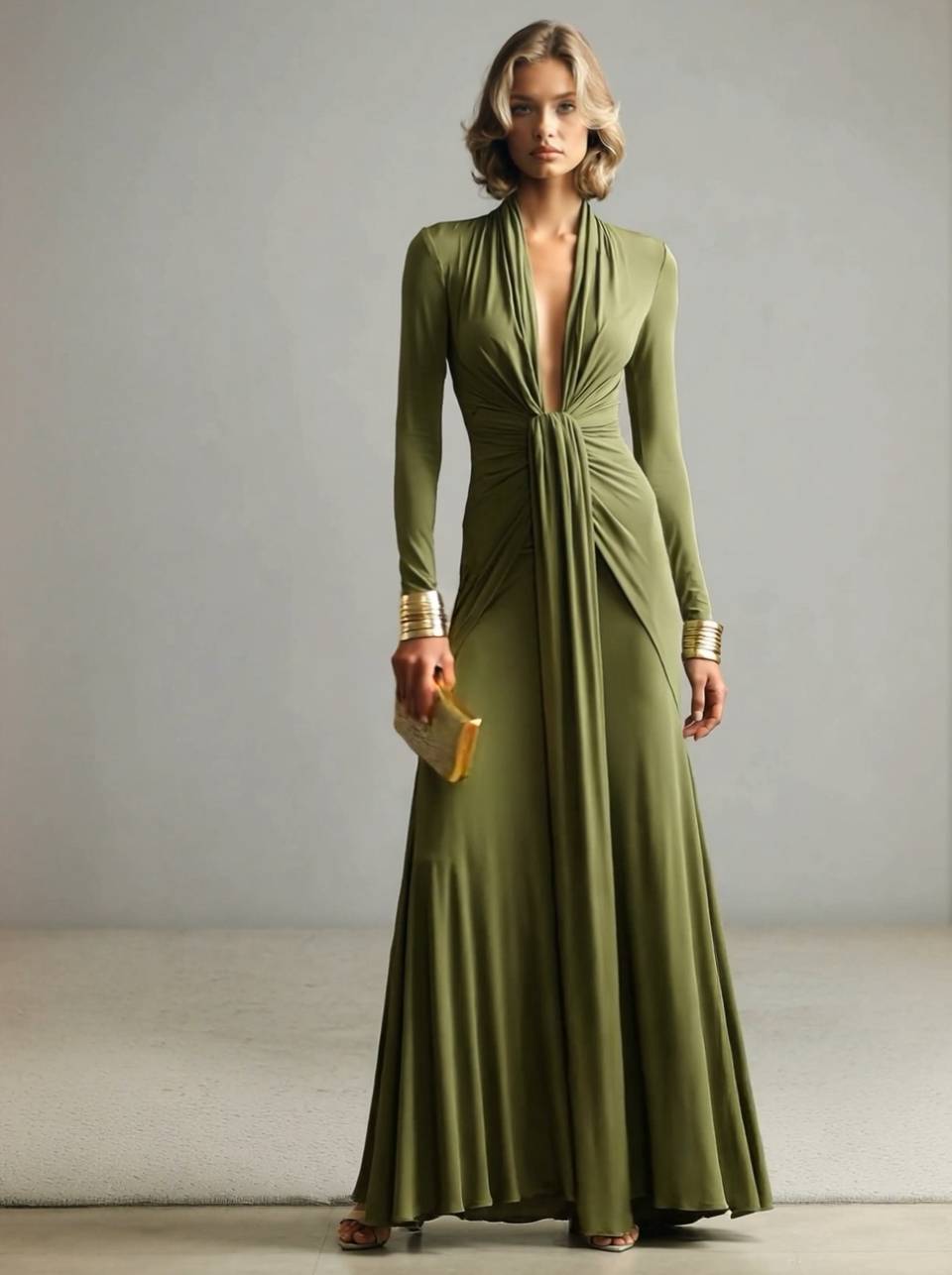 V-Neck Pleated Long Sleeve Dress