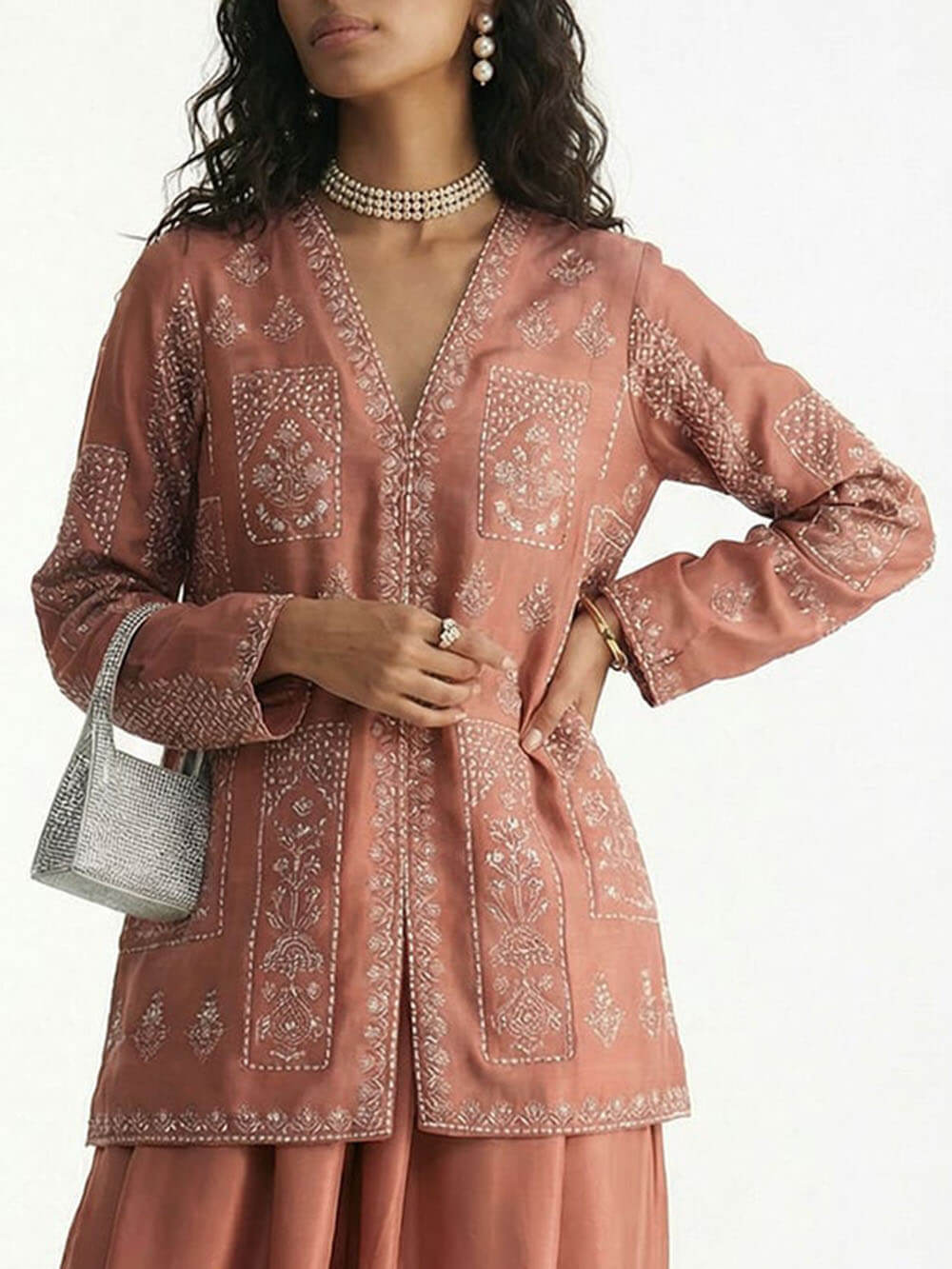 Exquisite Embroidered Floral Shirt And Elastic Waist Satin Tapered Lantern Pants Set