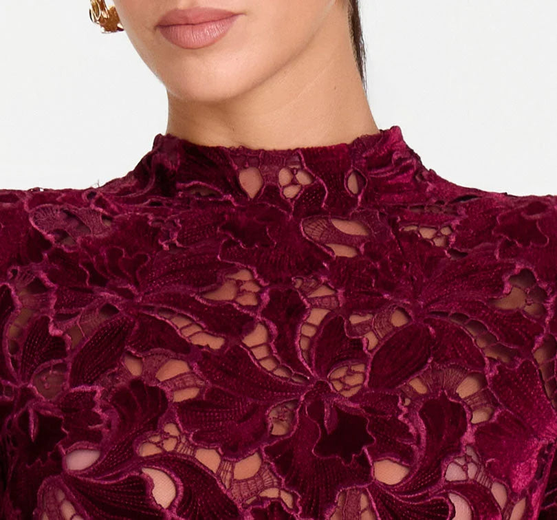 Burgundy Lace Mock Neck Long Sleeve Belted Flared Leg Jumpsuit