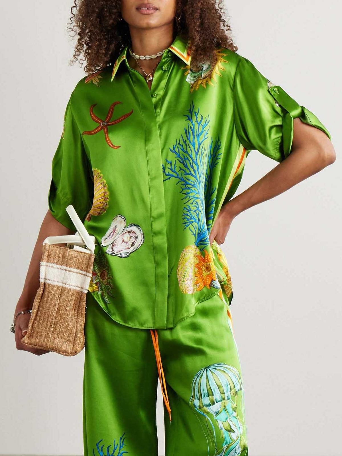Ocean Print Satin Shirt & Palazzo Pants Two-Piece Set