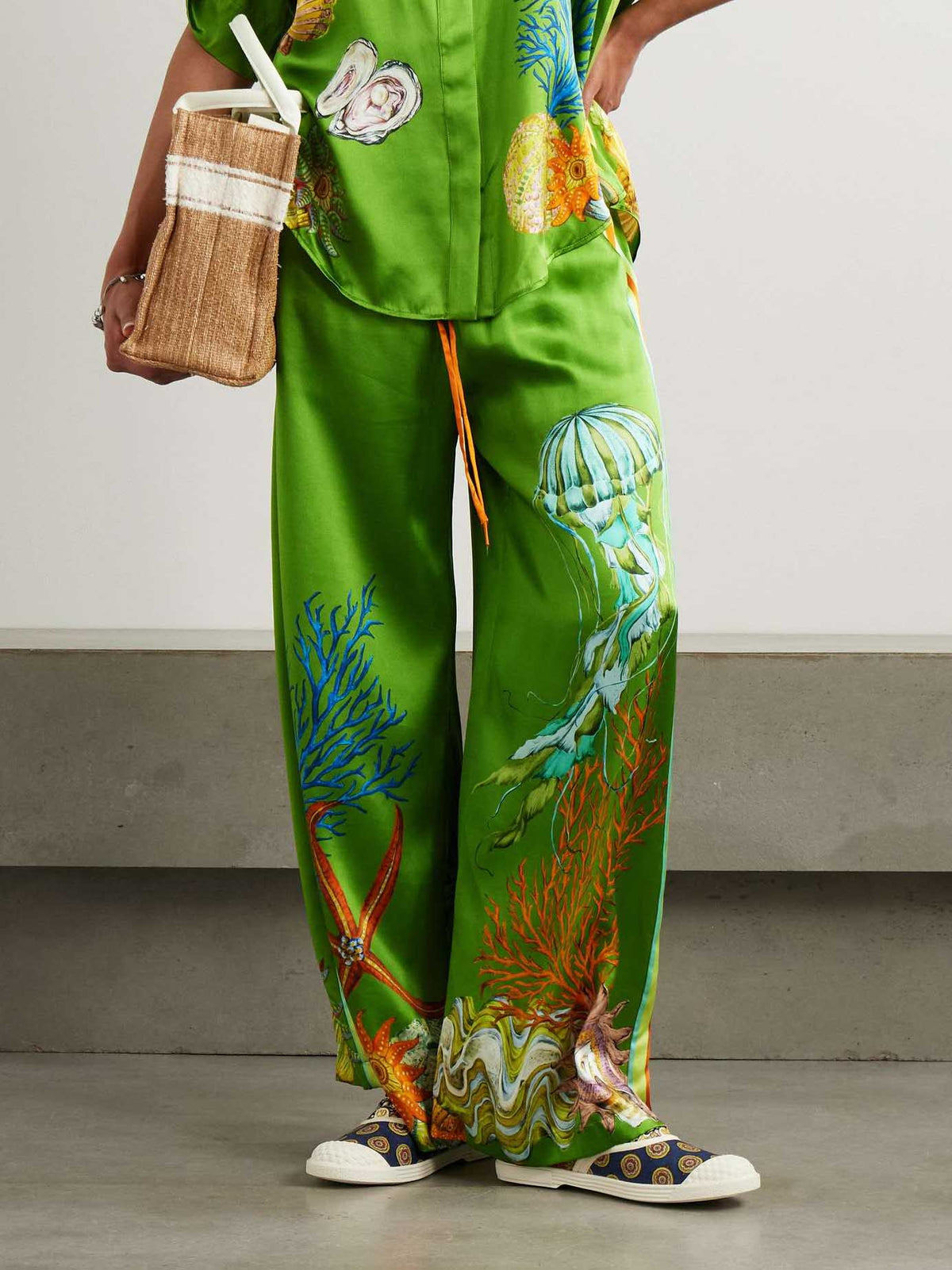 Ocean Print Satin Wide Leg Palazzo Pants