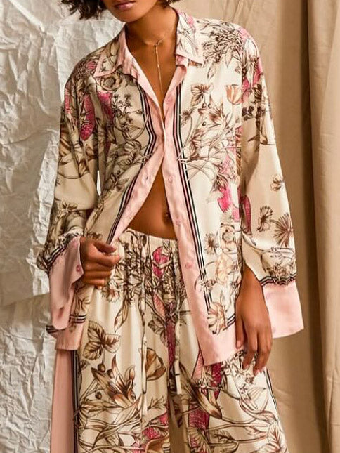 Elegant Floral Print Satin Wide-Leg Pants