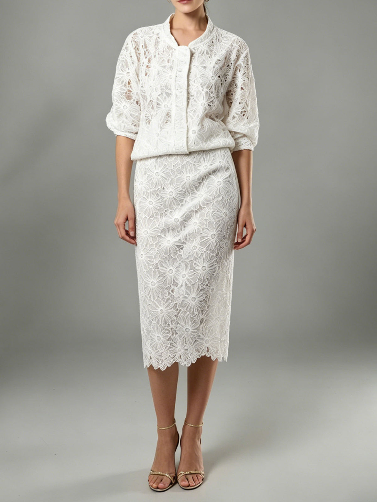 Elegant Floral Lace Jacket & Skirt Two-Piece Set
