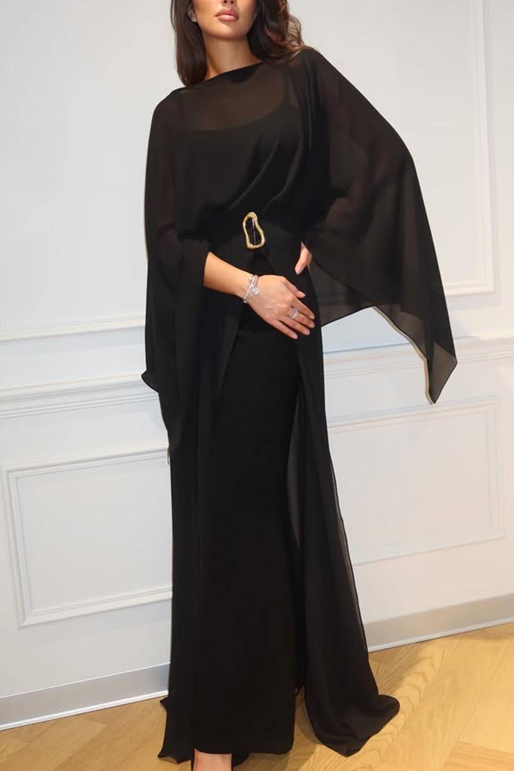 Cape‑Sleeve Chiffon Overlay Top & High‑Waist Flare Pants Two‑Piece Set