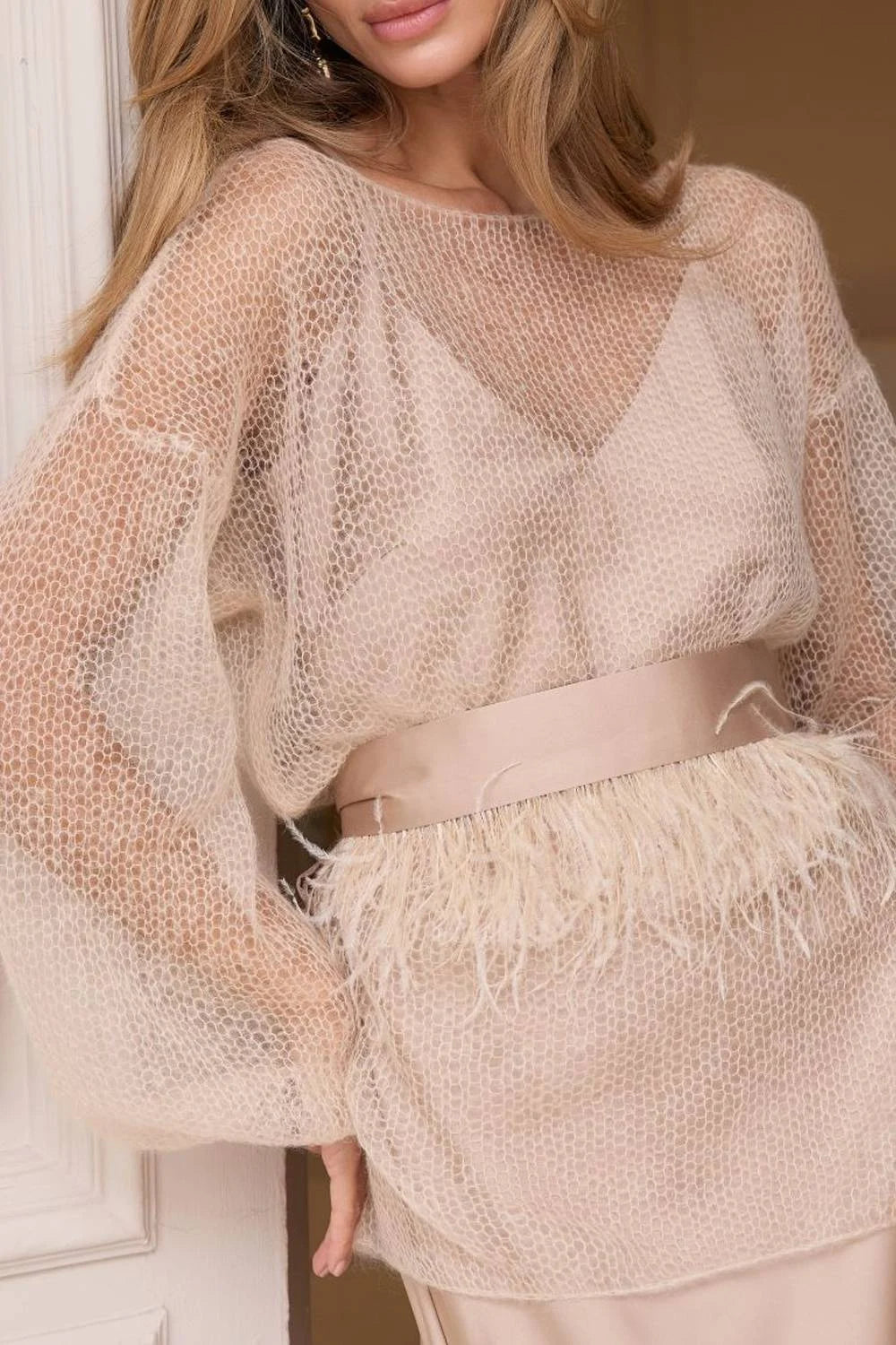 Champagne Open Knit Sweater and Satin Midi Skirt Two Piece Set with Feather Belt