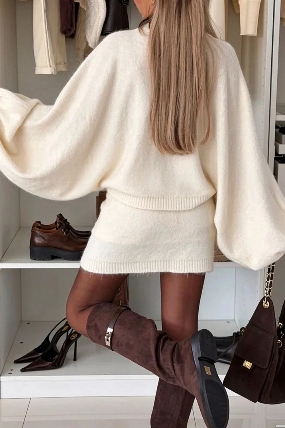 Cream Fuzzy Knit Batwing Sweater and Mini Skirt Two Piece Set