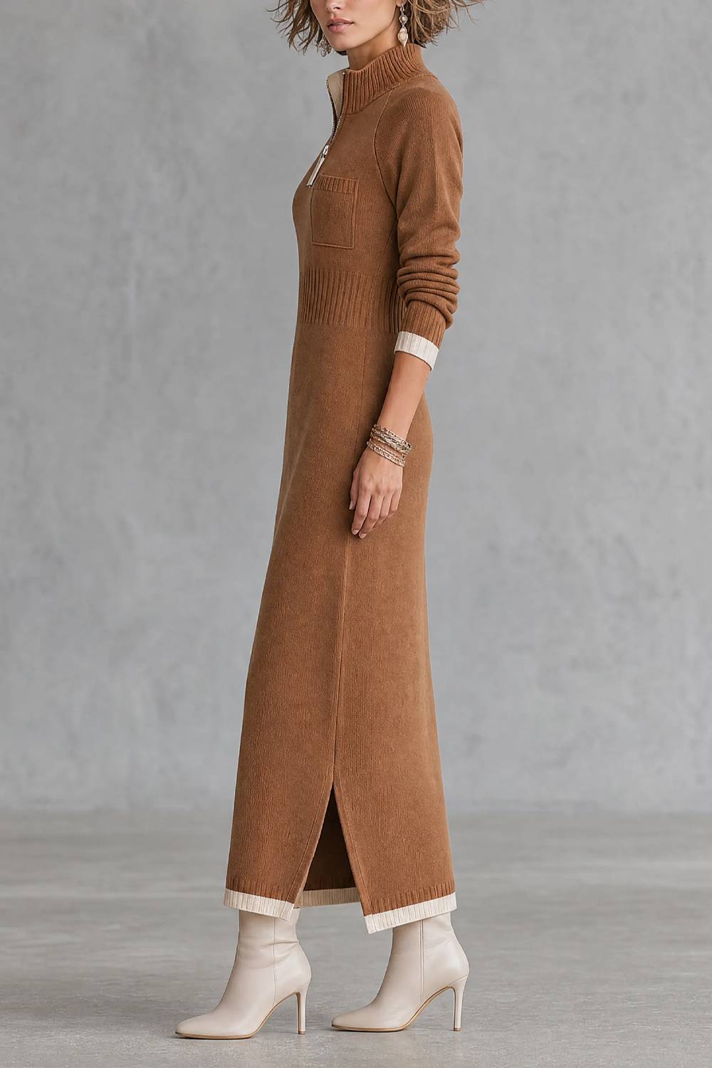 Half Zip Stand Collar Color Block Long Sleeve Knit Maxi Dress