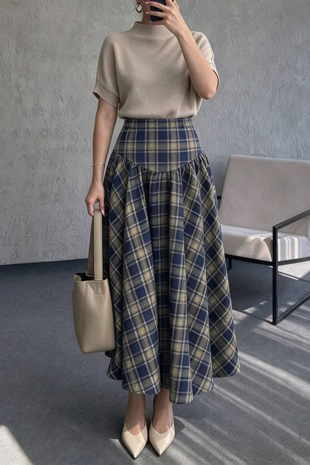 Short Sleeve Mock Neck Knit Top and High Waist Plaid Flared Skirt Two Piece Set