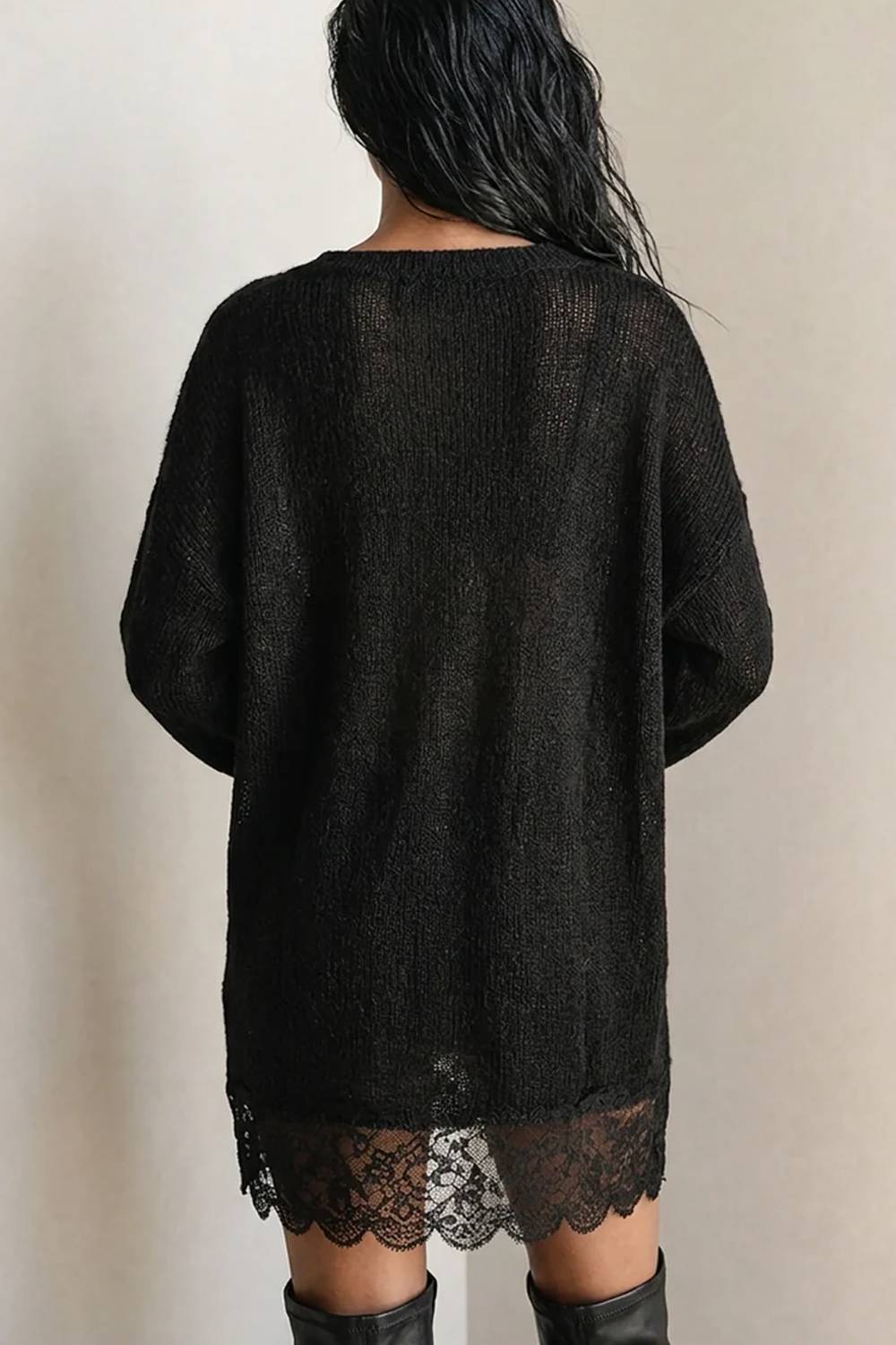 Oversized U-Neck Long Sleeve Knit Mini Dress With Lace Hem