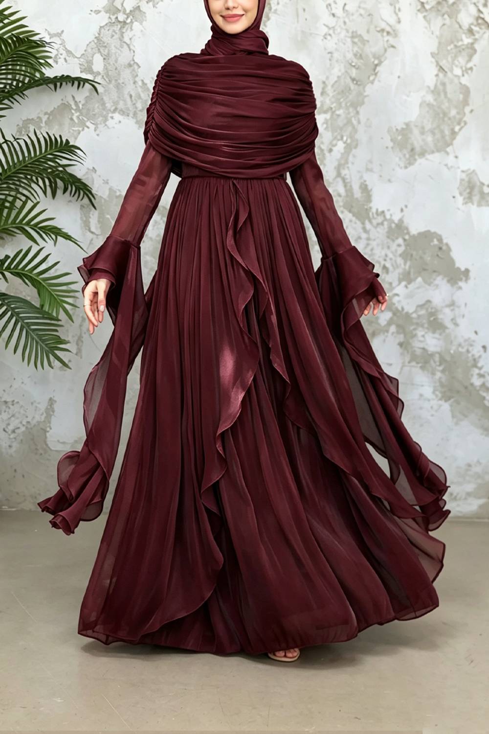 Modest Ruffled Long Sleeve Maxi Evening Dress (Hijab Not Included)