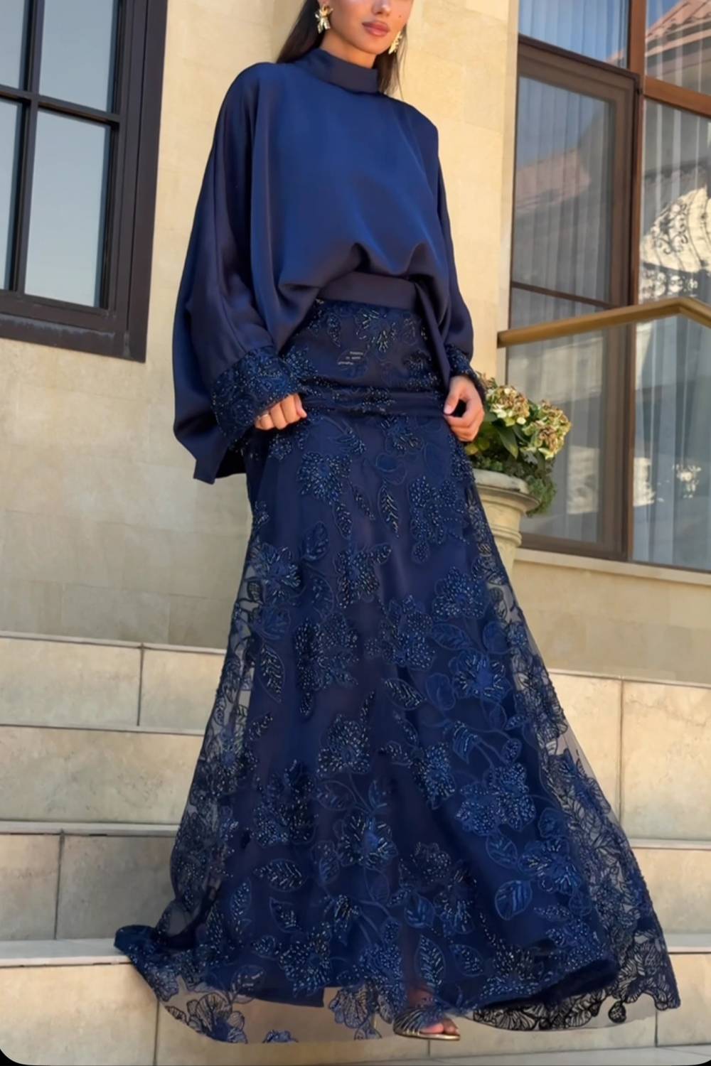 Batwing Satin Blouse & Embroidered Sequin Maxi Skirt Two Piece Set