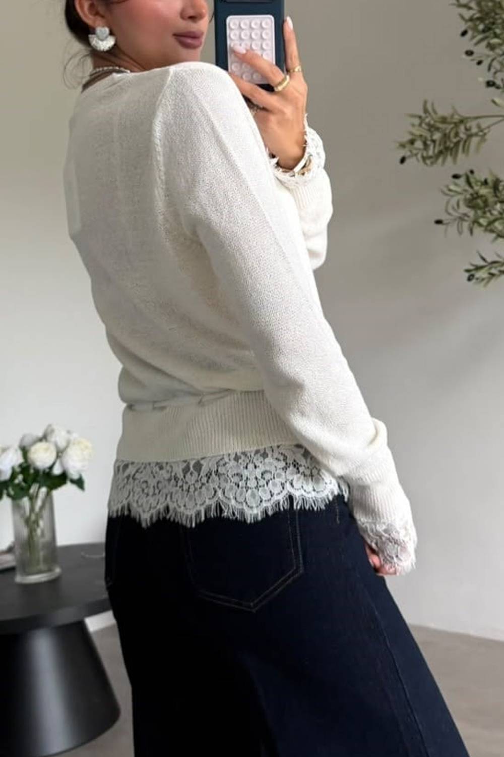 Lace Trim Knit Button Down Drawstring Waist Top