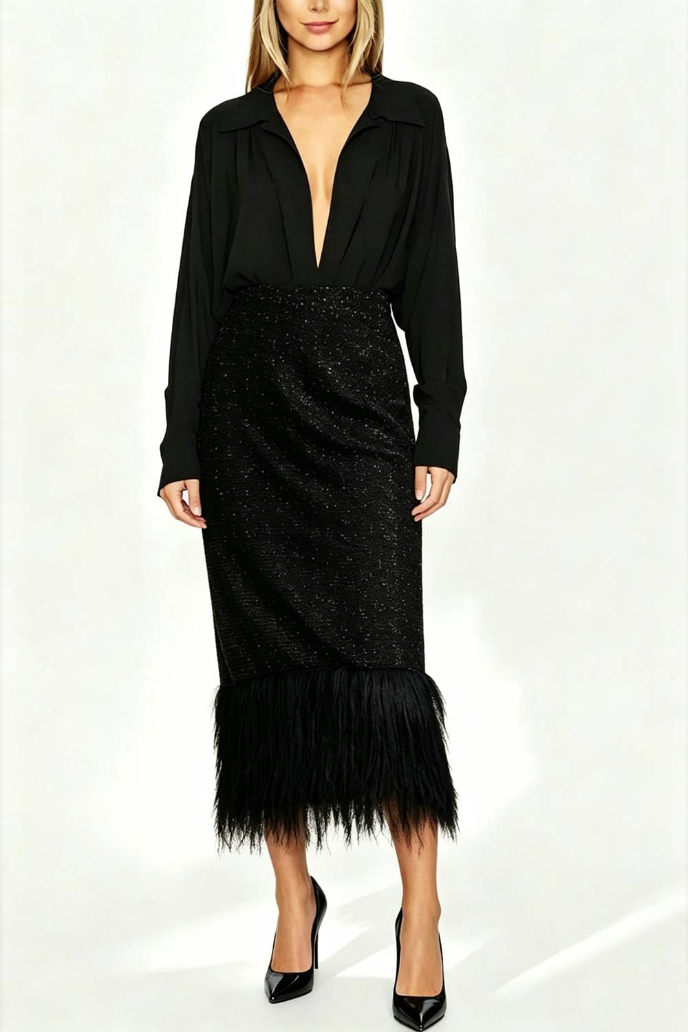 Collared Deep V Long Sleeve Top & Glitter Fringe Midi Skirt Two Piece Set