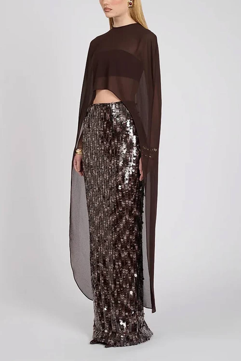 Women Cape Sleeve Sheer Top & Sequin Maxi Skirt Two Piece Set