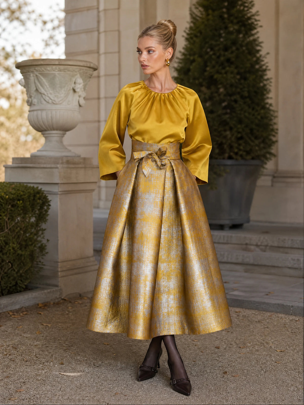 Elegant Yellow Satin Long Sleeve Blouse and Jacquard Belted Midi Skirt Set