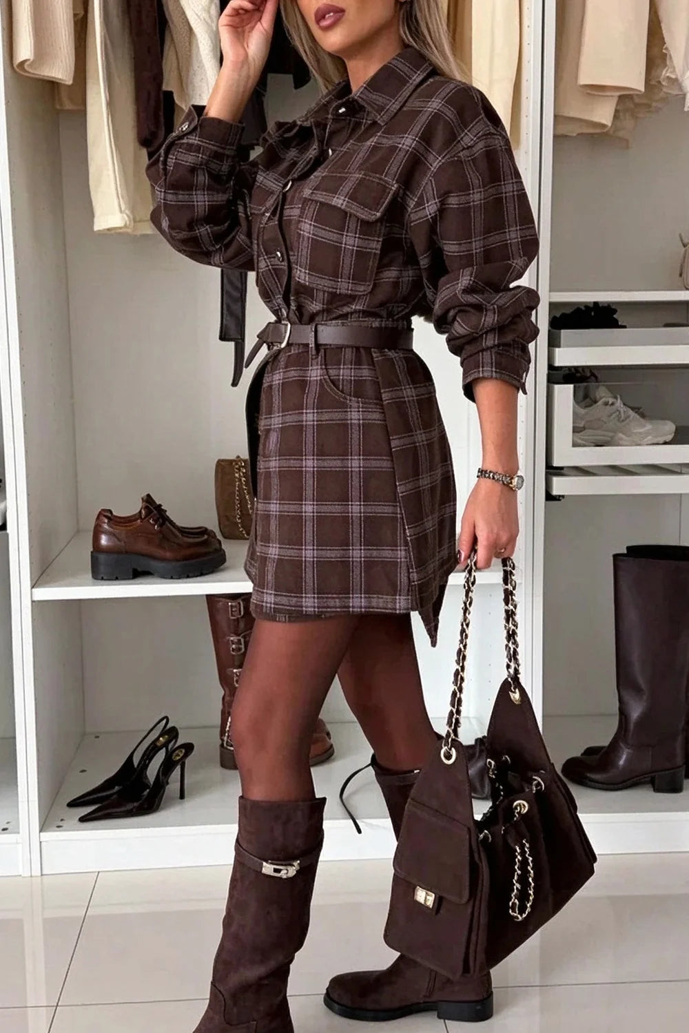 Women's Brown Plaid Long Sleeve Button Down Shirt and Mini Skirt Two Piece Set