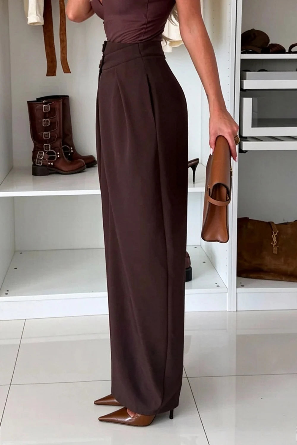 High-Waisted Asymmetric Double-Button Wide-Leg Trousers in Chocolate Brown