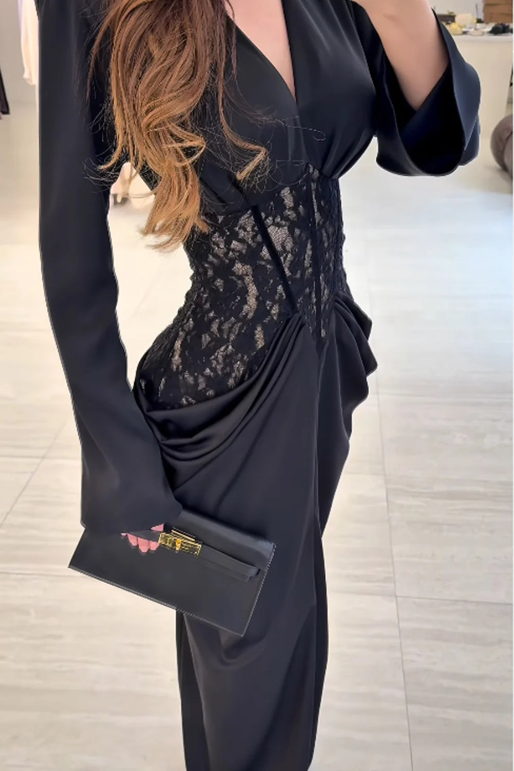 Black V-Neck Long Sleeve Lace Corset Draped Slit Maxi Dress